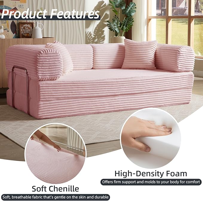 4-in-1 Convertible Folding Sleeper Sofa Bed Plush Corduroy Foldable Mattress Couch with Fixed-Shape Frame Floor Compressed Sofa for Living Room Bedroom (Pink)