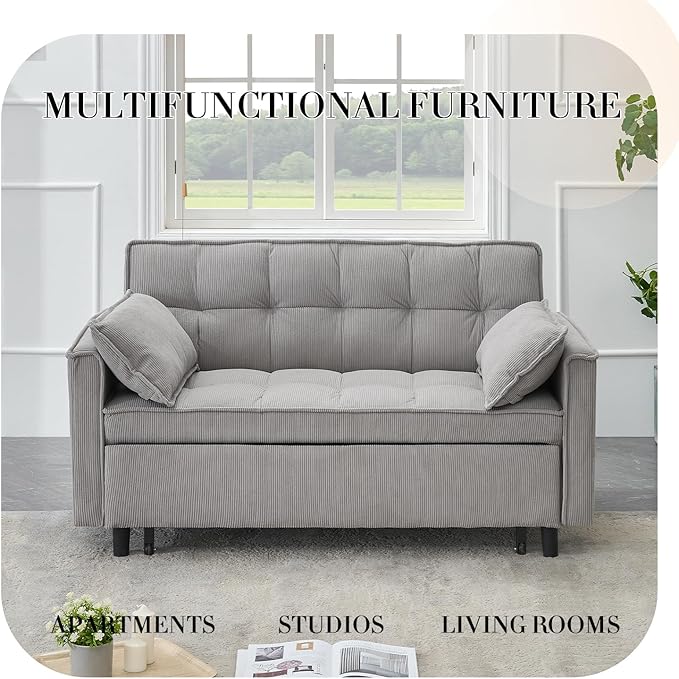 3 in 1 Corduroy Convertible Sofa Bed Pull Out Couch Bed with Reclining Backrest and 2 Pillows 54 Full Size Loveseat Sleeper Sofa Futon Couch Beds Couches for Small Spaces Living Room (Gray)
