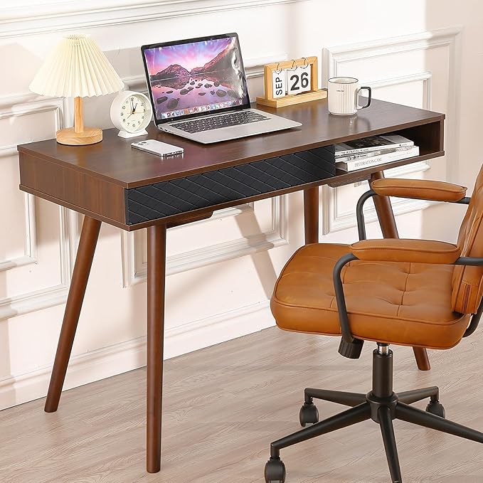 GAOMON Modern Simple Home Office Desk Mid Century Modern Computer Writing Desk with Drawer Solid Wood Legs and Open Storage Cubby Small Vanity Table Desk for Bedroom (Walnut)