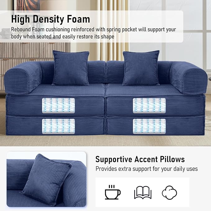 78 Convertible Sleeper Sofa Bed Modular Corduroy Couch with 2 Pillows Compressed Floor Sofa for Living Room Bedroom (Blue)