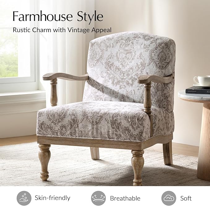 HULALA HOME Floral Accent Chair Set of 2 with Solid Wood Spindle Legs and Arms Upholstered Fabric Armchair with Solid Wood Base Patterned Wingback Chair for Farmhouse Living Room Bedroom Beige