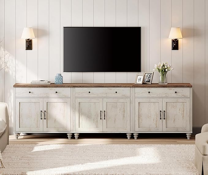 WAMPAT Farmhouse TV Stand for 100 Inch TV 3-in-1 TV Console Table for 75/85/90/100 Inch TV Entertainment Center with 3 Drawers and 6 Doors Kitchen Sideboard Buffet Cabinet Rustic White