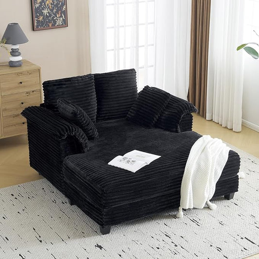 VINGLI 56 Oversized Chaise Lounge Chair Black Comfy Corduroy Chaise Sofa Recliner Bed Upholstered Sleeper Couch Bed with Throw Pillows and Armrests for Living Room Movie Room Bedroom