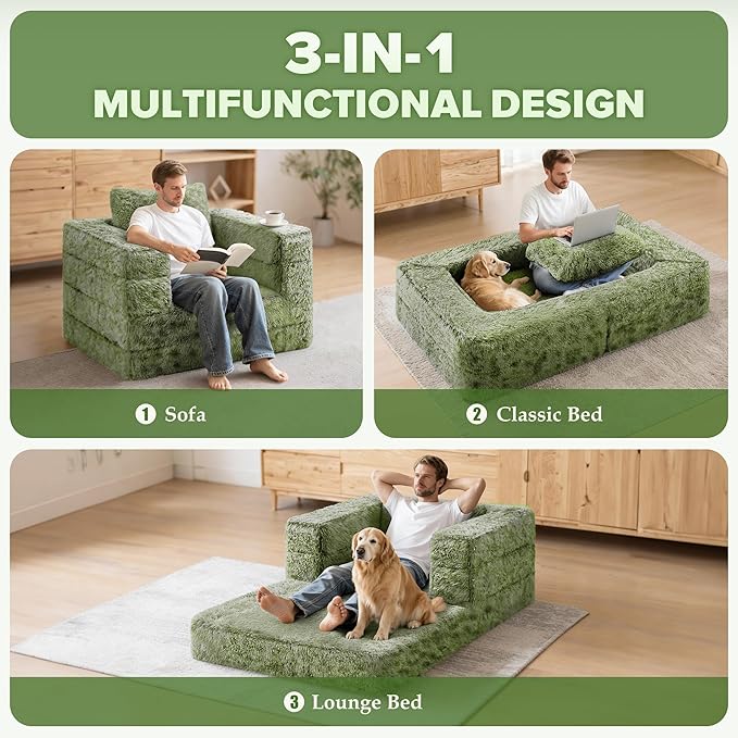 HABUTWAY Convertible Sofa Bed 3-in-1 Futon Sofa Bed with Pillow Foldable Pull Out Floor Sofa Bed with Removable Cover Plush Boneless Couch for Living Room/Bedroom/Dorm