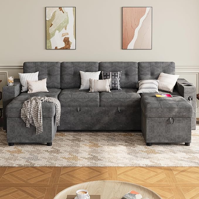 IDEALHOUSE U-Shaped Couches for Living Room Sofa Bed for Living Room with Reversible Storage Chaises and Hidden Storage Armrests Cup Holders and USB Charging Ports Included Dark Grey