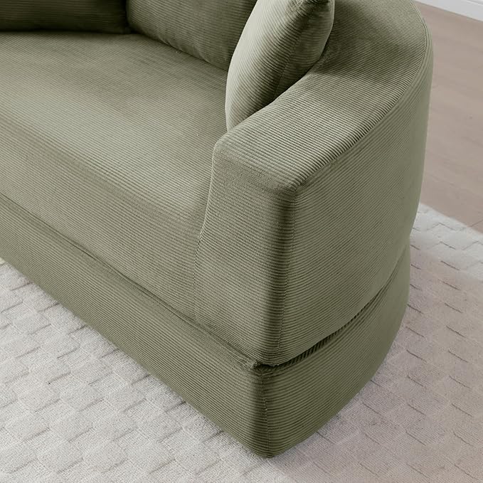 Folding Sofa Bed Corduroy Circular Boneless Couch No Assembly Convertible Sleeper Sofa with 3 Pillow Comfy Futon Sofa Bed for Apartment Office Bedroom Living Room Green