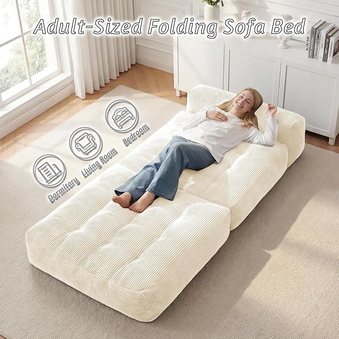 HABUTWAY Folding Sofa Bed Convertible Sleeper Chair Bed with Pillow &amp Handle Foldable Mattress with Back Support Portable Single Couch Comfy Floor Sofa Lounge for Living Room Bedroom(Beige)