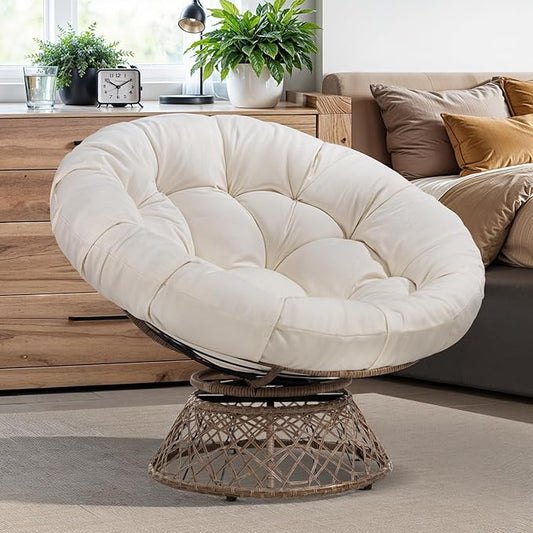 Bme 40 Ergonomic Wicker Papasan Chair with Soft Thick Density Fabric Cushion High Capacity Steel Frame 360 Degree Swivel for Living Bedroom Reading Room Lounge