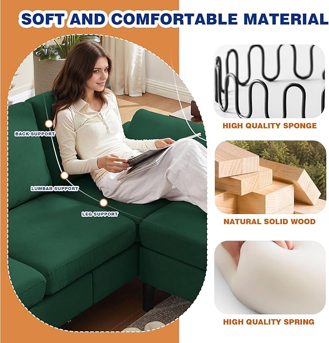 4 Piece Convertible Sectional Sofa Set Modern Linen Small L Shaped Couch with Reversible Chaise 3-Seater Sofa &amp Loveseat &amp Armchair for Living Room Office Apartment Green