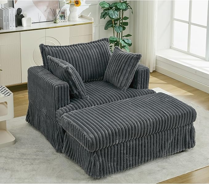 Eafurn Corduroy Accent Chair with Movable Ottoman 47.8 Oversized Reading Chair Lounge Armchair for Living Room Bedroom Small Space Modern Single Sofa Couch