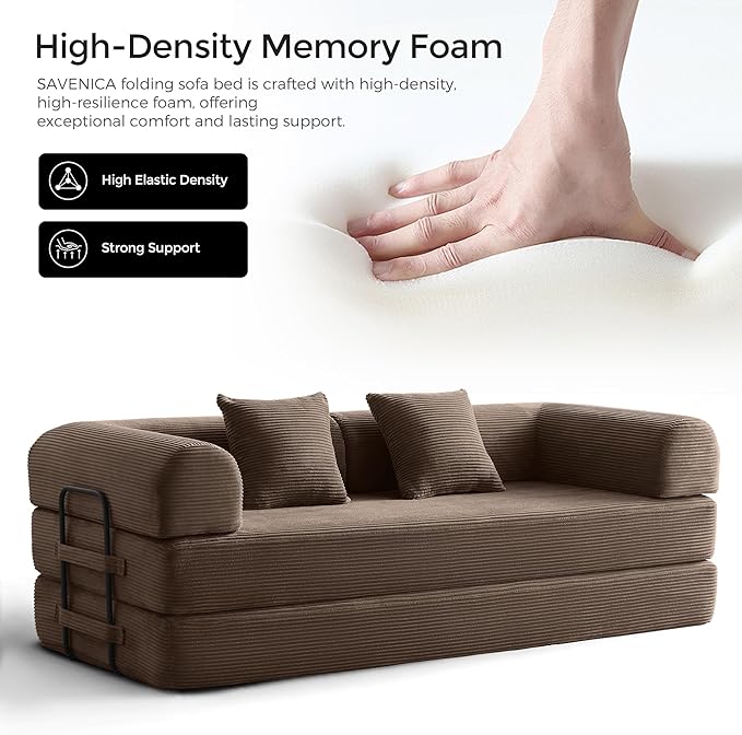 79 Convertible Sofa Bed with Fixed-Shape Frame &amp Removable Armrests Modular Corduroy Sleeper Sofa Folding Mattress Couch for Small Spaces - No Assembly Needed in Brown (Includes 2 Pillows)
