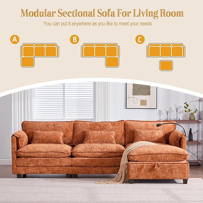 KEIKI 110 L-Shaped Boucle Modular Sectional Chenille Sofa with Ottoman &amp Memory Foam Cushion &amp Phone Holder &amp USB Upholstered Modern Oversized 4-Seater Couch Easy Assembly for Living R