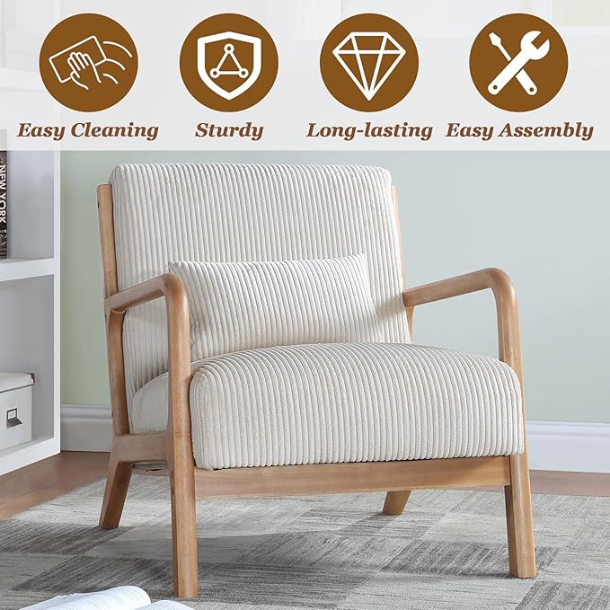 Midcentury Modern ChairWooden White Accent Chair with PillowCorduroy Arm Chair for Living RoomBedroomSmall Rooms (White)