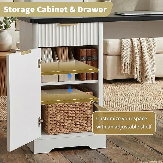 Modern Fluted L Shaped Executive Desk with Charging Station - 59 Home Office Corner Computer Desk with Monitor Stand File Drawer and Removable Support Shelf for Study Home Office (White)