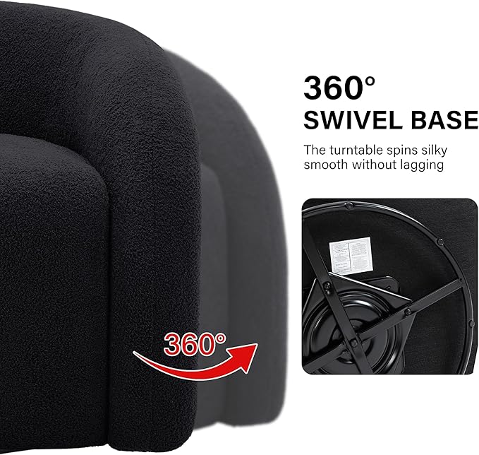 Boucle Swivel Accent Chair No Assembly Small Comfy Round Barrel Armchair for Living Room Bedroom Reading Waiting Room (Black Set of 2)