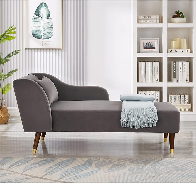 58 Modern Velvet Sofa Chaise with Tilted Backrest Comfortable Luxurious Lounge Chair with Curved Armrests Stylish Sofa Couch with Solid Wood Legs for Study Room Apartment Bedroom Living Room Grey