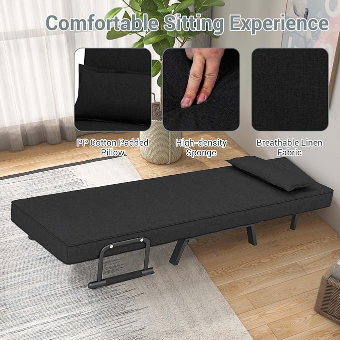 POWERSTONE Convertible Sleeper Chair Bed 4 in 1 Living Room Reading Chair with Pillow Wide Cushion Arm and Adjustable 5 Position Backrest Single Sofa Bed Black