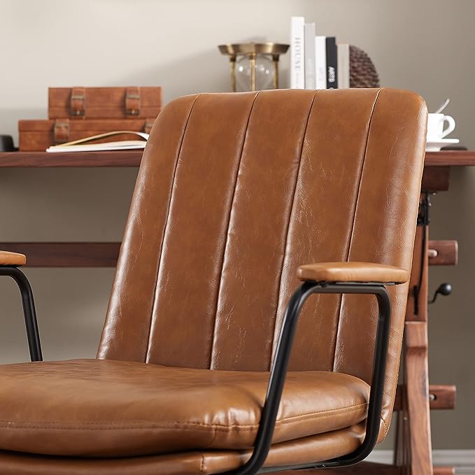 Art Leon Desk Chair No Wheels Set of 2 Mid Century Modern Swivel Chair with Oak Wood Legs Faux Leather Home Office Desk Chairs for Bedroom Living Room Yellow Brown