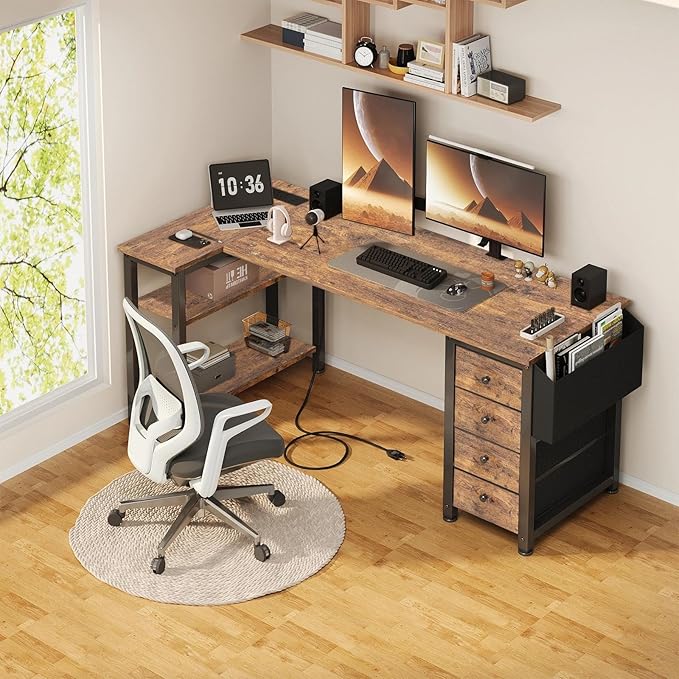 Lufeiya L Shaped Computer Desk with Drawers &amp Storage Shelves 55 Inch Corner Desk with Power Outlet for Home Office Bedroom L-Shaped Teen PC Gaming Desks with Fabric Drawer Rustic Brown