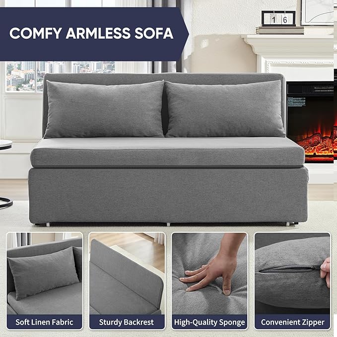 2 in 1 Pull Out Sofa Bed Queen Size Small Convertible Sleeper Sofa Couch Linen Folding Guest Bed with Wheels and Cushions Pillow Futon Sofas Couch Beds for Bedroom Office Lounge - Light Grey