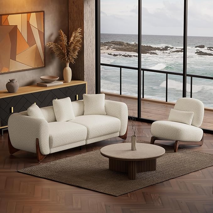Morden Fort Boucle Chair Upholstered Accent Chair Tilted Wooden Leg with Durable Comfy Boucle Pet-Friendly Thick Cushion &amp Pillow Armless Modern Chairs for Living Room Bedroom Reading Beige