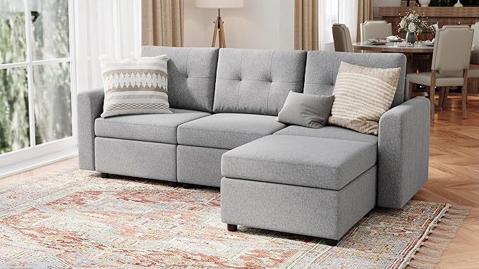 LINSY HOME Modular Sectional Sofa with Ottoman - Rubik III Deep Seat Couches with Storage Seats &amp Removable Cover Modern Comfy L-Shape Sofa for Living Room Bedroom Apartment Office Grey