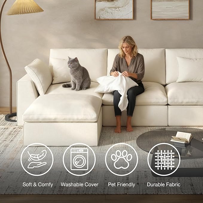 108 Modular Sectional Sofa with blanket4-Piece Boneless Couch Deep Seat Cloud Couch with Ottoman Removable Covers Soft Cushion Support High Back for Living Room/Apartment/Family Lounge Linen Beige