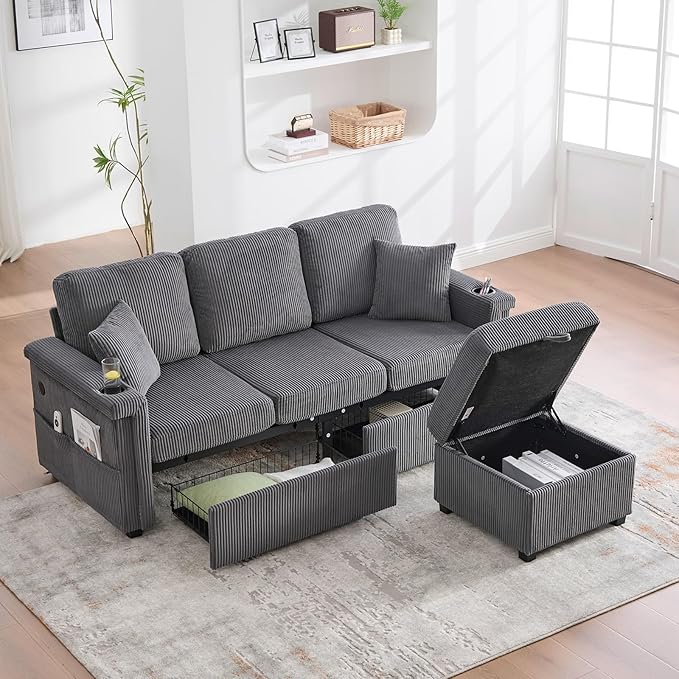 L-Shaped Sectional Sofa with Storage &amp Movable Ottoman Corduroy 3 Seater Sectional Couch with USB Charging Cup Holder &amp LED Light Couches for Living Room (Dark Gray 76.38)