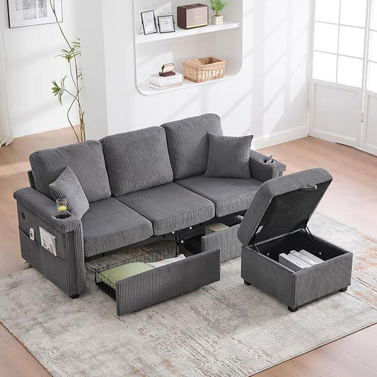 L-Shaped Sectional Sofa with Storage &amp Movable Ottoman Corduroy 3 Seater Sectional Couch with USB Charging Cup Holder &amp LED Light Couches for Living Room (Dark Gray 76.38)