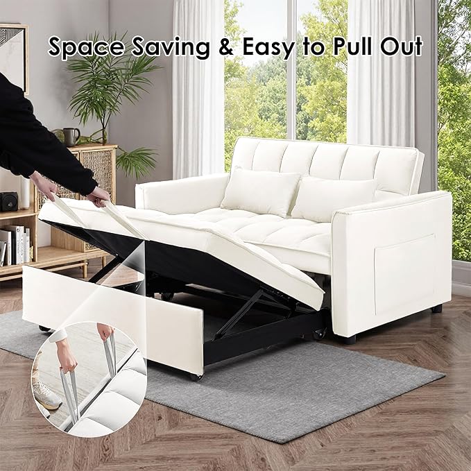 Dreamzie 3 in 1 Convertible Sleeper Sofa Bed Pull Out Couch with Side Pocket Loveseat Sleeper for Living Room with Adjustable Backrest (Beige)