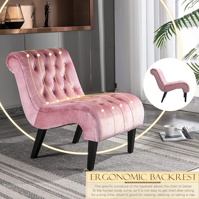 KINFFICT Velvet Accent Lounge Chair for Living Room Modern Leisure Chair with Tufted Backrest Indoor Armless Side Chair Upholstered Bedroom Sleeper Chairs with Solid Wood Legs