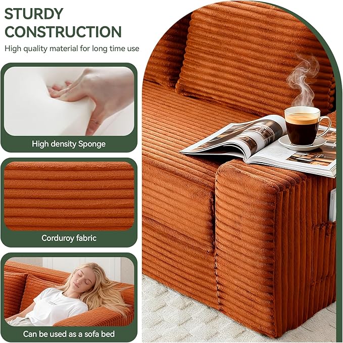 73 Convertible Sofa Bed Pull Out Boneless Loveseat Sleeper Sofa Corduroy Foldable Couch Bed with Storage Bag No Assembly Couch in a Box for Living Room Apartment (Orange)