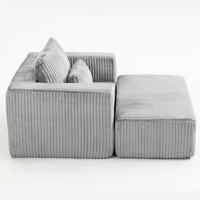 KEIKI Chaise Lounge Chair Indoor with Ottoman 62.6 D Oversized Sleeper Chair Corduroy Upholstered Comfy Sofa for Bedroom Living Room Office Grey