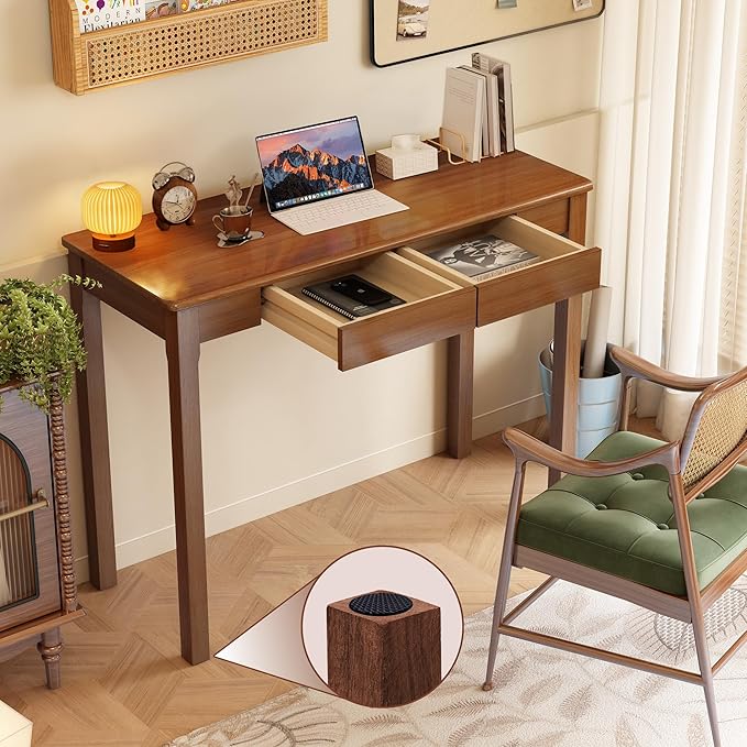 Solid Wood Desk with Drawers - 39 Narrow Desks for Small Spaces Mid Century Modern Desks Small Wooden Vintage Computer Writing Desk Study Table for Home Office Bedroom Walnut