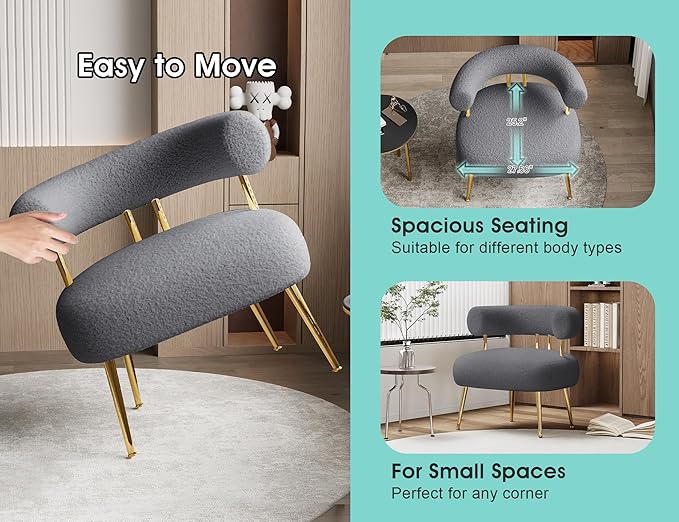 Mid Century Sherpa Boucle Accent Chair Round Upholstered Barrel Arm Chair for Small Spaces Fluffy Side Corner Sofa Chair for Living Room Bedroom Vanity Office Reading Nook(Grey)