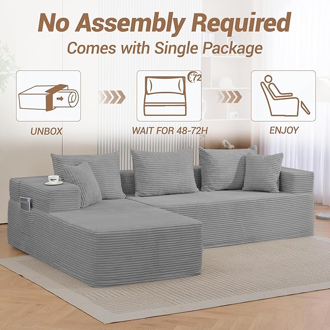 105'' Cloud Sectional Couch Modular L-Shaped Boneless Sectional Sofa Corduroy Deep Seat Couch Small Space Sofas for Living Room Bedroom Apartment No Assembly Grey