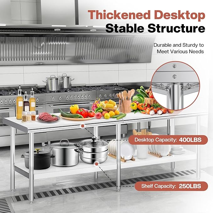 Jocisland 30 x 96 Stainless Steel Table for Prep &amp Work NSF Certified Adjustable Under Shelf and Feet for Commercial Kitchen Restaurant Hotel Garage