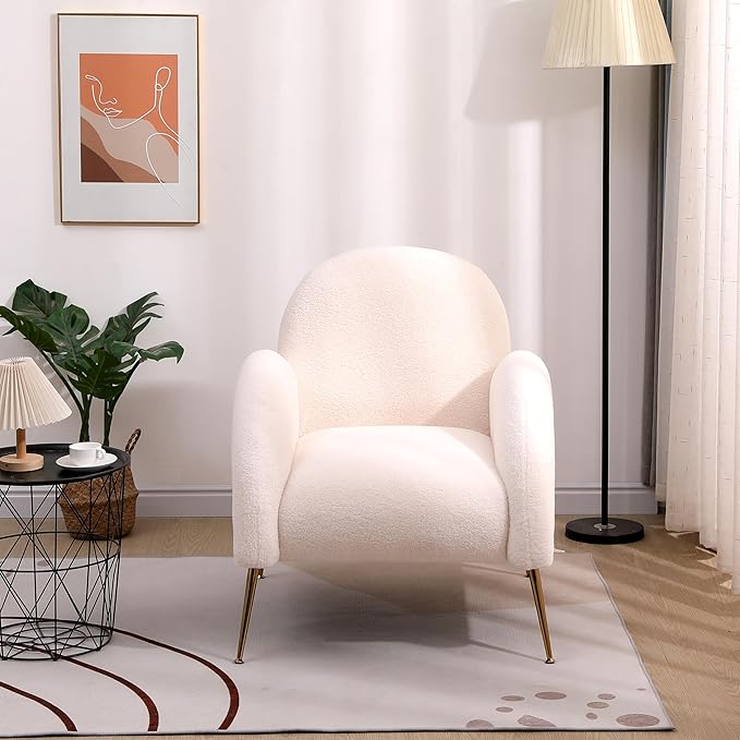 Accent Upholstered Single Chair White Sherpa Armchair with Golden Legs for Living Room Bedroom Office