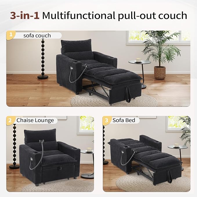 Corduroy Sleeper Sofa Bed with 2 Cup Holders 3-in-1 Convertible Pullout Futon Couch with Phone Holder&ampUSB Charge Port Single Chair with 3-Level Adjustable Backrest for Living Room