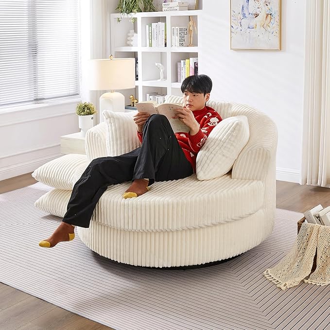 360° Swivel Accent Barrel Chair Corduroy Comfy Round Swivel Chair with Mental Base &amp Pillows Modern Lounge Reading Armchair Upholstered Plush Sofa Chairs for Living Room Bedroom Apartment(Bei