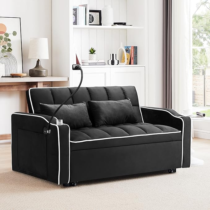 TTK 3-in-1 Convertible Velvet Sleeper Sofa Bed Pull-Out Loveseat with Adjustable Backrest USB Port &amp 2 Pillows Swivel Phone Stand &amp Storage Pockets Modern Futon Couch for Living Room Blac