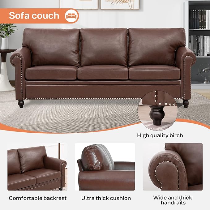 Brown Faux Leather 3 Seater Couches and Sofa Chair Set with Rivet Rolled Arm Modern Mid Century Sofas for Living Room Apartment Office Easy Assembly (Brown PU One Sofa+0ne Chair)