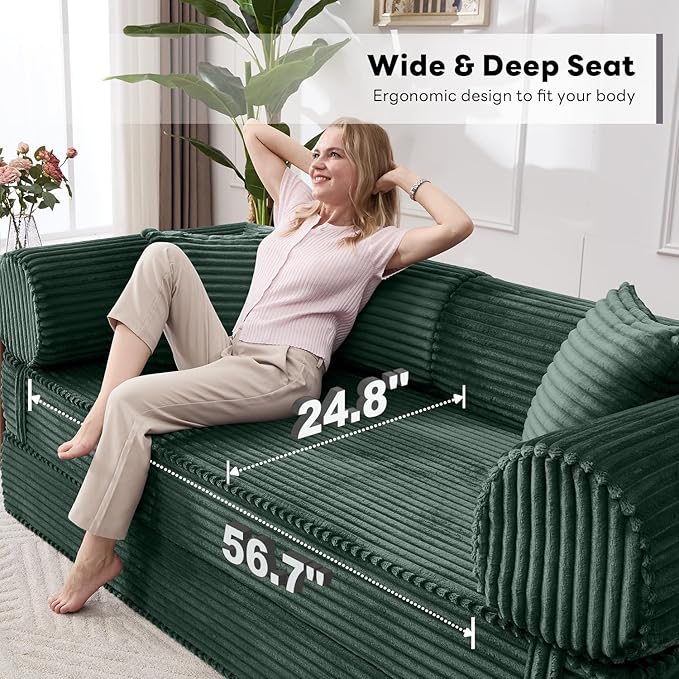 Tbfit 79'' Convertible Sofa Bed Oversized Corduroy Folding Boneless Couch Futon Mattress Sleeper Sofa Comfy Foldable Upholstered Floor Couches for Living Room Dark Green