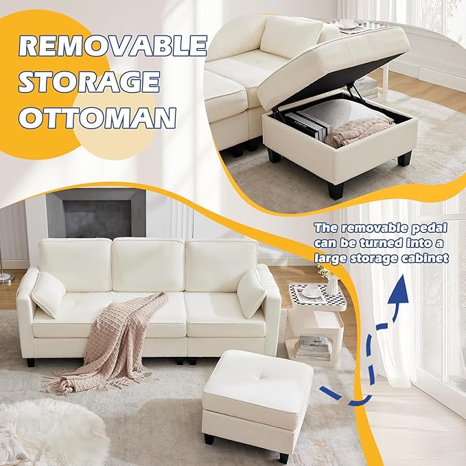 Grepatio Sectional Sofa Couch 80 L Shaped Convertible Sofa with 2 Pockets &amp USB Ports 3-Seater Comfy Cloud Modular Couches with Movable Storage Ottom for Living Room Apartment Small Space (Be