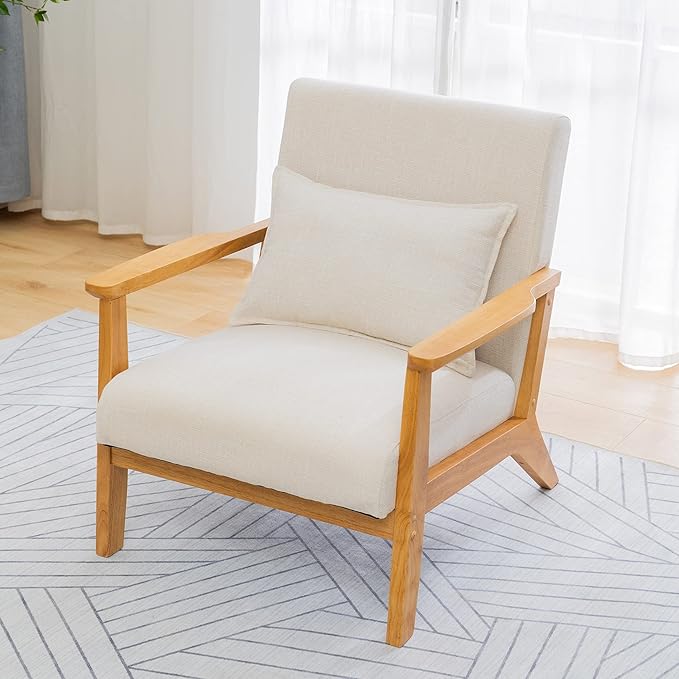 UNICOO - Mid-Century Modern Accent Chair Fabric Reading Armchair Easy Assembly Lounge Chair for Living Room Bedroom (U202-1 Nature + Beige)