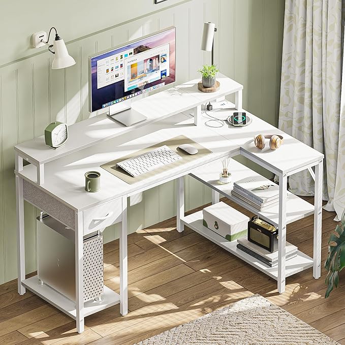 SUPERJARE 47 inch Reversible L Shaped Desk with LED Lights &amp Power Outlets Computer Desk with Shelves &amp Monitor Stand Gaming Desk with Drawer Home Office Desk Corner Desk PU White Drawer