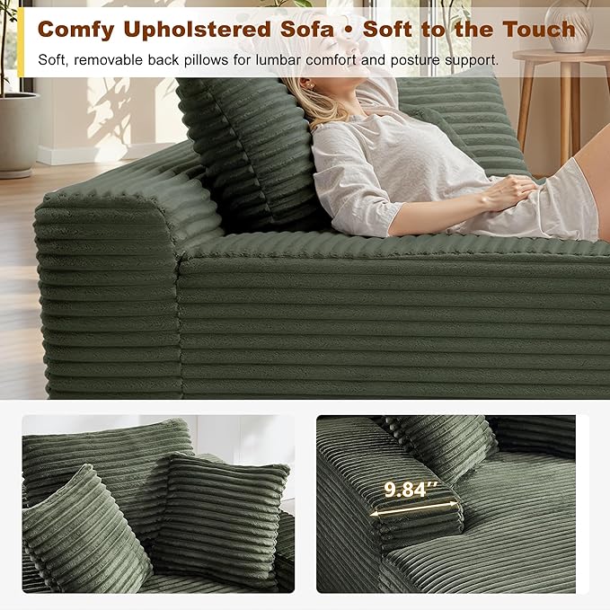67 Inch Chaise Lounge Chair Indoor Oversized Corduroy Upholstered Boneless Sofa Bed with Amrests and 2 Pillows Cloud Sleeper Couch Reading Chair for Living Room