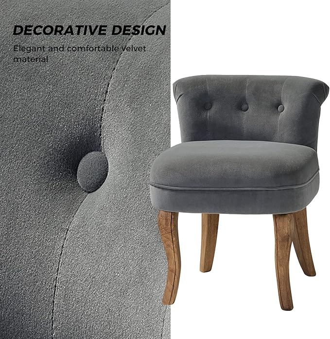 HULALA HOME Velvet Vanity Stool with Low Back Modern Vanity Chair with Solid Wood Legs Small Upholstered Makeup Chair Home Decor for Bedroom Living Room Dressing Table Women Girls Grey