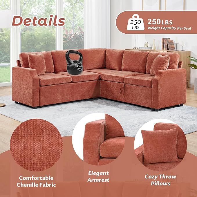 81.9 Sectional Sofa Convertible Pull-Out Sofa Bed Upholstered L-Shaped Sofa Couch with a Sofa Sleeper and a Hidden Storage Compartment for Living Room Apartment (Orange-7.2)