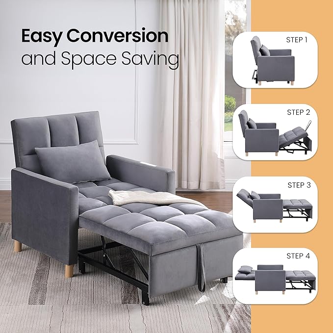 70'' Convertible Chair Bed Extra Long Teddy Fabric Single Pull Out Sofa 4 in 1 Adult Sleeping Recliner With Pillow Adjustable Backrest Gray